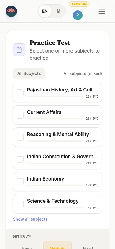 MCQ practice hub with subject-wise drills