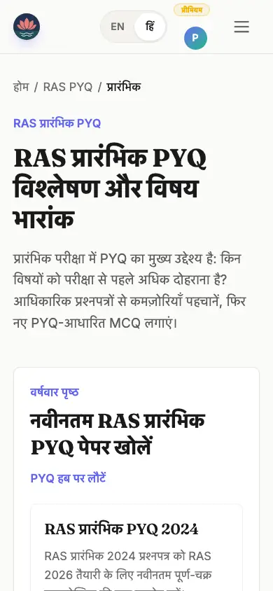 वर्षवार पेपर और विषयवार वज़न दिखाता PYQ विश्लेषण पेज